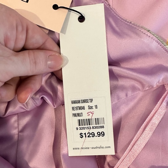 Review Hawaiian top pink flowers floral tie front hibiscus print ladies size 10 - Picture 8 of 8